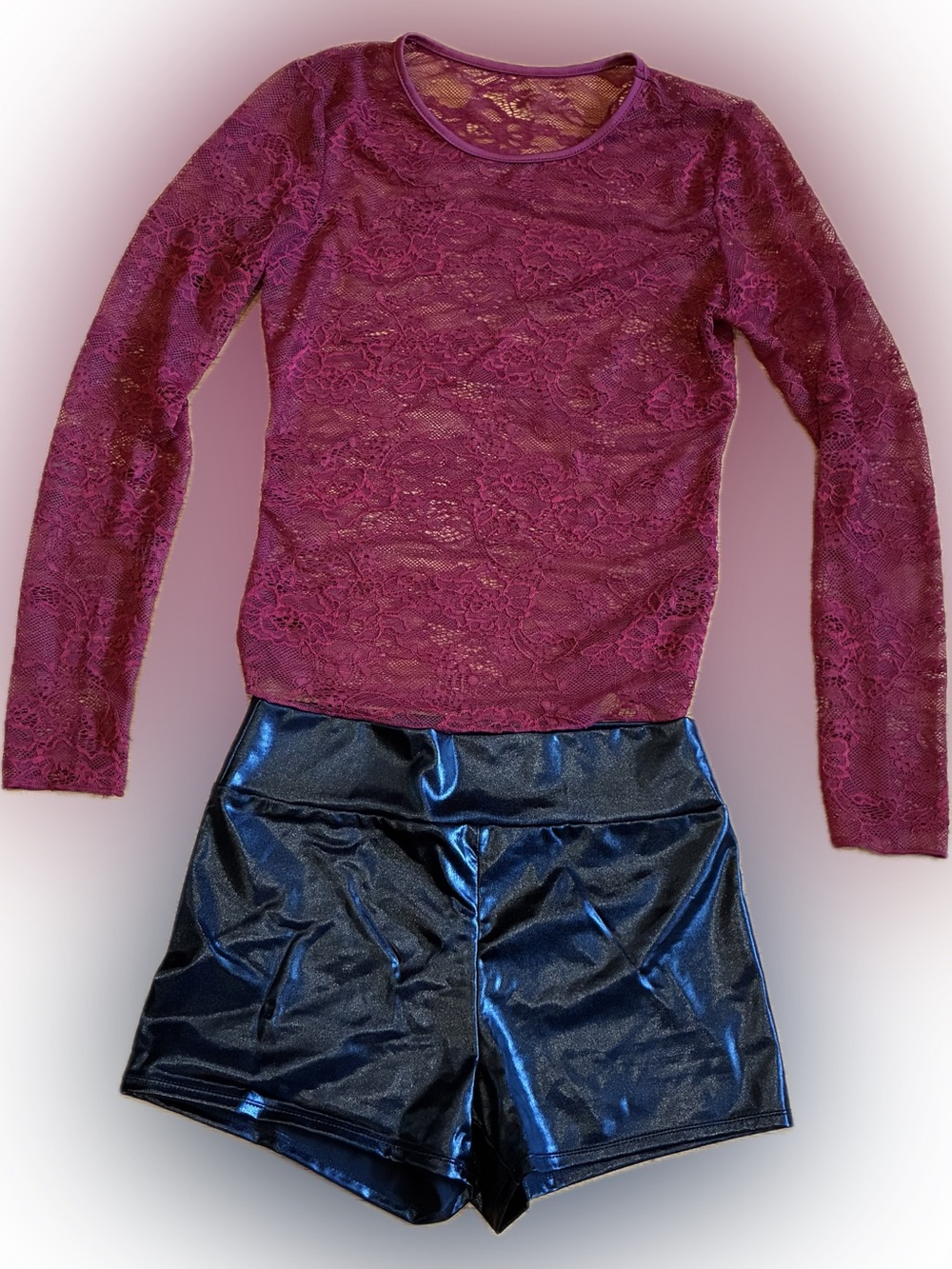 Costume: Burgundy Lace Long-Sleeve Top and Shiny Black Shorts Set